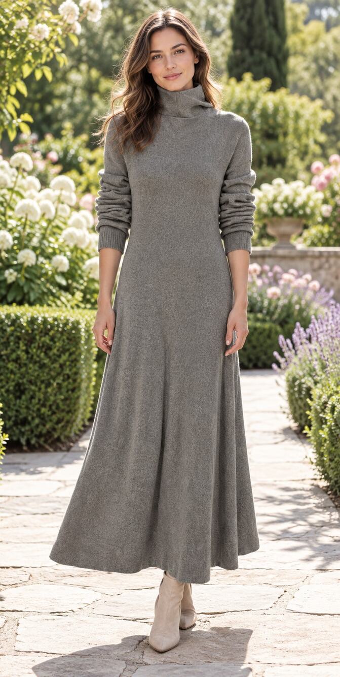 Ralph Lauren Women 100% Cashmere Gray Cowlneck Long Sleeve Midi Sweater Dress L